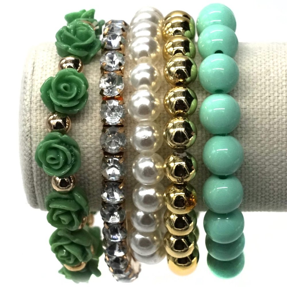 Bracelet Five Strands Stretch Green Gold Rhinestones Pearls OS. - Picture 2 of 2